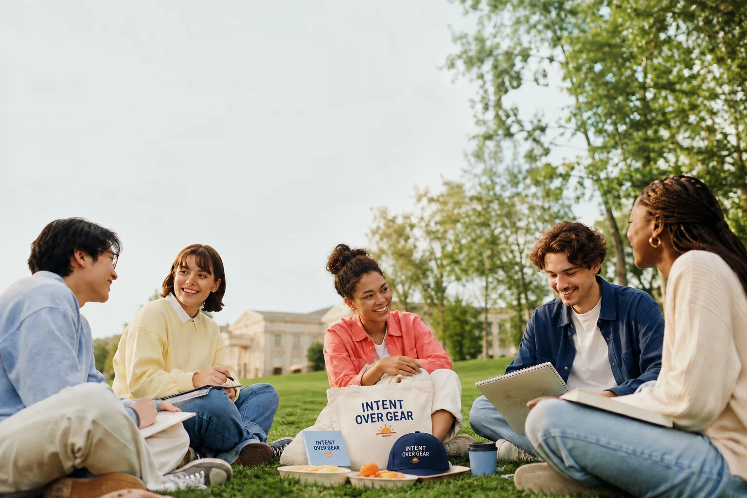 Campus lawn with friends